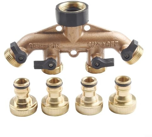 Répartiteur de tuyau à 4 voies, connecteur de robinet en laiton massif de 1,9 cm avec valve marche/arrêt individuelle pour arrosage de jardin