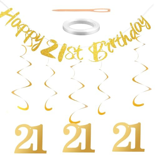 21st Birthday Banner Decorations for Her Happy 21st Birth Day Banner Gold Ginger Ray Hanging Swirls Streamers 21 HBD Banners Home Backdrop for Girls Boys Birthday Anniversary Party Decor Supplies