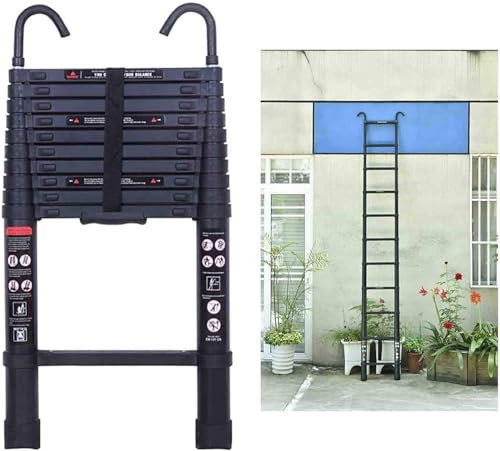 10ft5 Leiter, ausziehbar, teleskopisch, mit abnehmbarem Haken, Dachleiter in Schwarz mit extra breiter Sprosse und maximaler Belastung 150 kg, leicht und stabil für die Innen-/Außendekoration