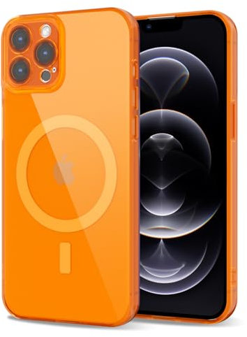 Svanove for iPhone 12 Pro Case Clear Compatible with Magsafe, Fluorescent Transparent Magnetic Magnet Mag Case, Slim Thin Bright Silicone Grip & Shockproof Bumper Camera Cover, Neon Orange