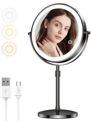 MATEPROX 8'' Kosmetikspiegel mit Beleuchtung, aufladbarer Doppelspiegel mit 1X 10X Vergrößerung & höhenverstellbar, beleuchteter Kosmetikspiegel mit 3 Farben Beleuchtung, Touch Sensor Dimmer-Schwarzer
