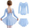 Arshiner Ballettkleider Mädchen Langarm Ballettkleidung Baumwolle Tanzkleider Einfarbig Ballettanzug Kinder Balletttrikot mit Tüllrock Blau 150/7-8Jahre