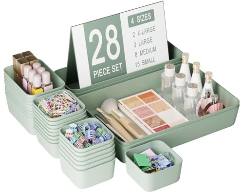 Homhut Set di 28 vassoi organizer per cassetti da scrivania, in plastica, di diverse dimensioni, impilabili, per trucco, camera da letto, utensili da cucina e ufficio