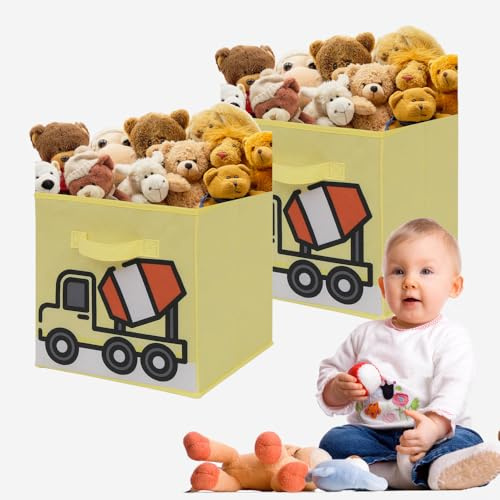 Rainbow Tree Cube Storage Box Kids Set of 2, Playroom Bedroom Storage Organiser, Foldable Baby Nursery Bin, Toddler Basket (2 Yellow Concrete Mixer Truck)