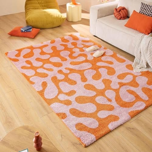 Nazar Teppich Groovy, bunt, Vintage, Retro, geometrisch, Orange, Gelb, Rosa, Rot, flauschig und bequem, Wohnzimmerteppich (384 rosa, 80x140 cm)