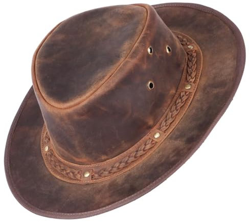 hodalump Lumpi Hut - Trachtenhut aus 100% echtem Büffelleder - Handgefertigter Lederhut im Vintage Look - Trachten Accessoire für Herren & Damen - 58-59