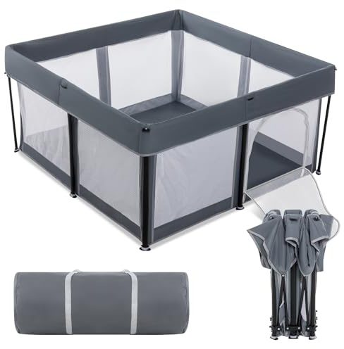 Lexixi Ibao Foldable Baby Playpen, 120×120cm Extra Large Collapsible Playpen for Babies and Toddlers, Indoor Outdoor Activity Center with Fence, Grey