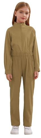 TiaoBug Kids Girls Halloween Cosplay Mechanic Costume Boiler Suit Long Sleeve Coverall Jumpsuit Overall Workwear Flight Suit Khaki 13-14 Years