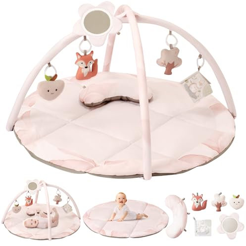 Fortella Tapis d'éveil Bébé, Thème Naturel, Arche Amovible, Tapis de Jeux avec 5 Jouets d'activité et Un Coussin, Cadeau pour Nouveau né, Enfant, Fille, Dès la Naissance, 0-3-6-12 Mois (Rose