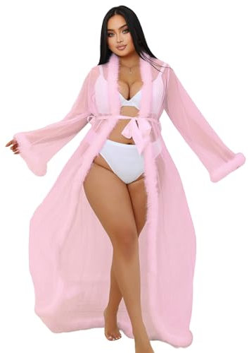 ohyeahlady Kimono Long Sexy Femme avec Fourrure Grande Taille Robe Kimono Chic Transparent Robe de Chambre Nuisette Dentelle Peignoir de Bain Lingerie de Nuit Cardigan avec Ceinture(3XL-4XL,Rose)