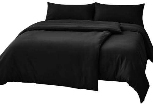RUIKASI Bettwäsche 135x200 4teilig Schwarz - Polyester Mikrofaser Bettwäsche-Sets Oeko-TEX, 2 Bettbezüge 135x200cm + 2 Kissenbezüge 40x80cm mit Reißverschluss, Weich und Bügelfrei