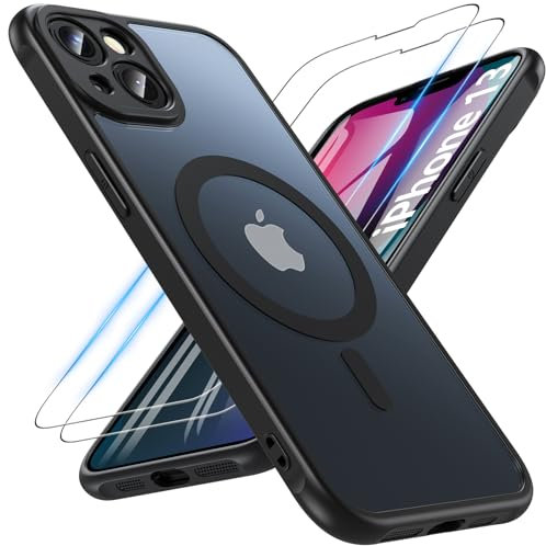 Kuaguozhe Magnétique Coque pour iPhone 13 avec 2 Verre Trempé, Compatible avec MagSafe, Protection Antichoc Coque Etui Mat Arrière Housse Case pour iPhone 13 6.1 (Noir)