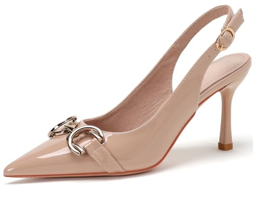 Decolleté Donna Vernice Slingback, Tacco A Spillo 7cm con Fibbia Metallizzata - per Ufficio & Matrimonio,Nude,37 EU