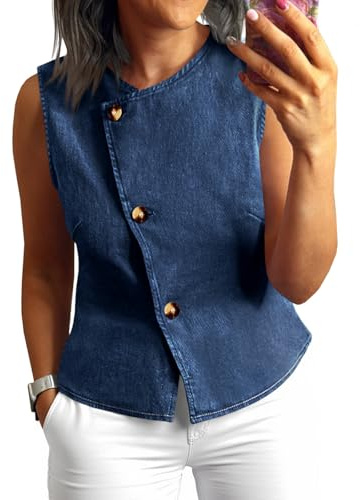 Tankaneo Women Denim Vest Tops Button Down Sleeveless Fitted Jean Tank Tops Trendy Casual Waistcoats Navy