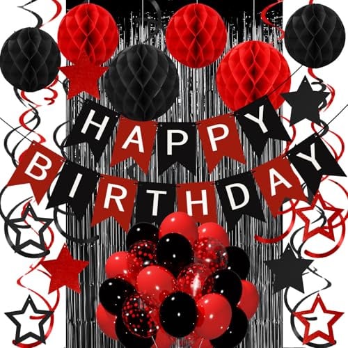 Geburtstags Dekoration Set, Schwarz Rot Wiederverwendbare Geburtstagsdeko für Männer Frauen Jungen Mädchen- Happy Birthday Girlande Wabenball Luftballons Stern Hängende Streamer Vorhang Glitzer