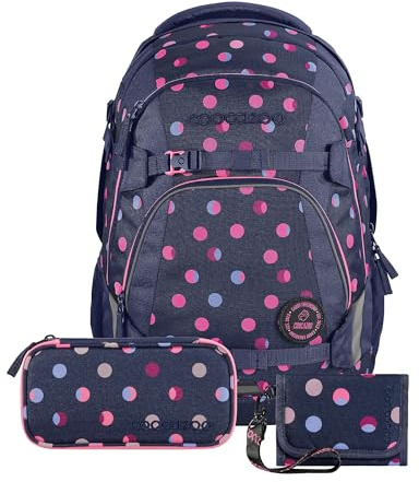 Coocazoo Schulrucksack-Set MATE „Reflective Moons“ 3-teilig, blau, ergonomischer 30L Tornister, mit Brust- und Hüftgurt für Kinder ab der 5. Klasse, inkl. Mäppchen und Geldbörse