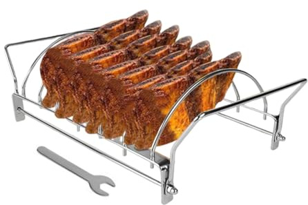 Edelstahl BBQ Rib Rack zum Grillen - Faltbarer Rostfreier Steakhalter - Lebensmittelqualität Smoker Zubehör zum Braten von Drumsticks Rind Schwein & Flügel