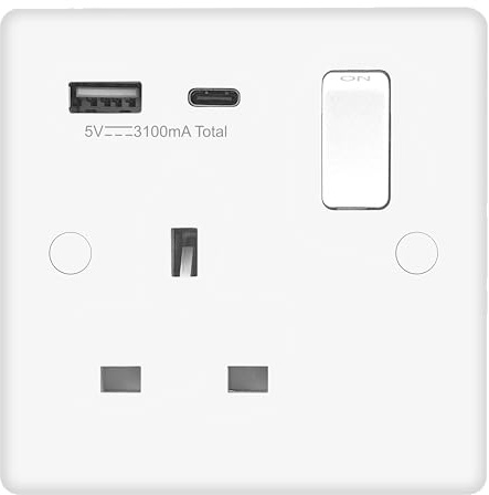 EVOGES Vector 13A 1 Gang Double Pole Switched Socket with USB A & C – White Gloss, Built-In USB Wall Charger, Includes Fixing Screws & Screw Caps