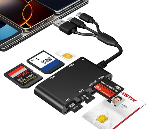 Adaptateur de carte SIM pour iPhone avec triple port Lightning/USB-A/USB-C, lecteur de carte à puce portable 7 en 3 – Lecteur CAC et lecteur de cartes SIM/SD/TF/MS Pro Duo/M2/IC/PIV pour Windows/MacOS