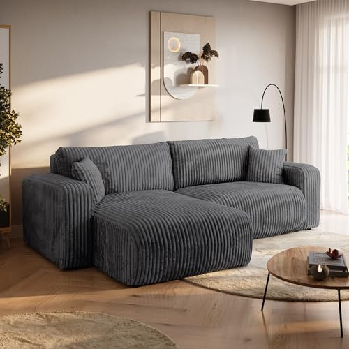 BROMARKT Ecksofa mit Schlaffunktion und Bettkasten 125x200cm L Dunkelgrau | Schlafsofa mit Stauraum und Kissen Eckcouch Sofa für Wohnzimmer Wohnlandschaft 3 Sitzer Universell freistehend Couch TILIO