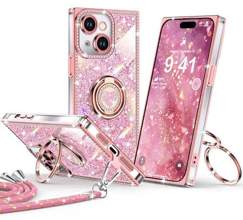 XYZ for iPhone 15 Plus Case, Glitter Bling Phone Cover with 2-Ring Heart Stand & Lanyard, Women Girls Luxury Rhinestone Shockproof Protective Case for iPhone 15 Plus, Pink