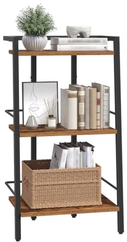 MAHANCRIS Ladder Shelf, Book Shelf, Ladder Shelving Unit, Narrow Bookcase | 3-Tier Industrial Ladder Bookshelf with Side Rails, for Living Room, Bedroom, Home Office, Rustic Brown and Black