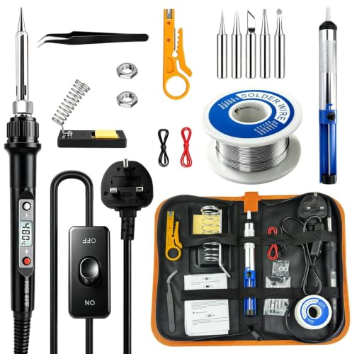 80W LCD Soldering Iron Kit, 15-in-1, 180-520°C, 5 Tips, Solder & Carry Case | Fast-Heating Kit for Electronics, PCB and Wire Repairs, Jewellery Making, Home DIY and Hobby Projects, with Desoldering Pump.
