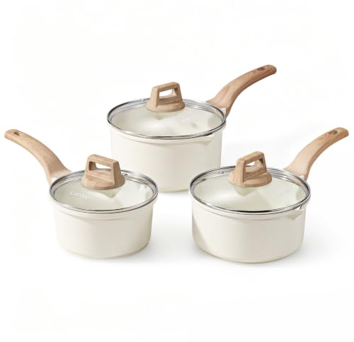 CAROTE 6-Piece Nonstick Saucepan Set with Lid(Cream White) | Marble-Effect Coating, PFOS & PFOA Free, Suitable for All Hob,Easy-Pour Spout