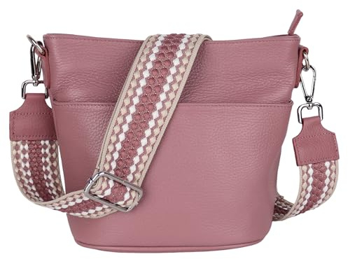 MIRROSI Damen Umhängetasche, Crossbody Bag, Echtleder I Made in Italy (1 Tasche 1 oder 2 Gurt(e)), 24x18x12cm (BXHXT) Mittelgroß (Upgrade Version (mit 2 Gurte): Altrosa Punkten)