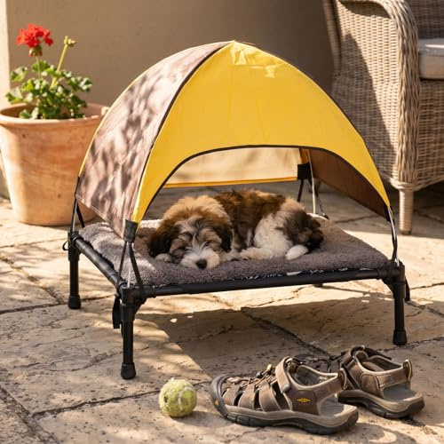 Generisch Hundeliege Outdoor Mit Dach, Erhöhtes Hundebett Outdoor Kühlend, Tragbares Haustierbett Mit Sonnenschutz, Atmungsaktiv Für Camping Strand Garten Für Kleine Bis Mittlere Hunde (gelb)
