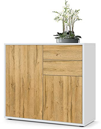Vladon Sideboard Ben, Made in Germany, Kommode mit 2 Türen und 2 Schubladen, Weiß matt/Eiche Natur (79 x 74 x 36 cm)