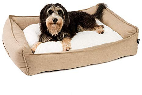 JAMAXX Premium Hundebett in edler Leinen-Optik/Orthopädisch Memory Visco Schaumstoff, Waschbar Bezug Abnehmbar, mit Wendekissen, Hochwertiger Hunde-Korb Hundekörbchen S-XL (M) 90x70 Coffee-beige