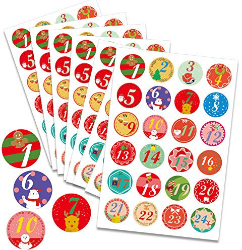HOWAF 192 Stücke Adventskalender Aufkleber Zahlen 1-24 Sticker Adventskalenderzahlen Etiketten selbstklebend Nummern Aufkleber für Papiertüten Weihnachten DIY Adventskalender zum selber basteln