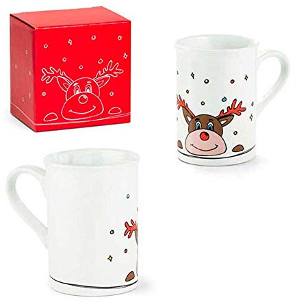 Taza de cerámica Navidad, Reno. Presentada en caja de regalo roja. LOTE DE 12 TAZAS. Ideal para regalar en Navidad a niños y Adultos. Detalles y regalos Navideños.