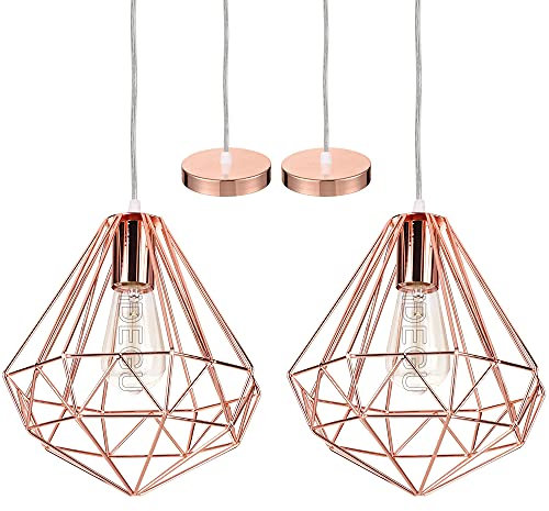 iDEGU 2 PACK Suspension Luminaire Moderne, Lustre Plafonnier Industriel Lampe de Plafond Abat-Jour en Forme de Cage Métal Décoration d'éclairage pour Chambre Salon Salle à Manger, Or Rose (25CM)