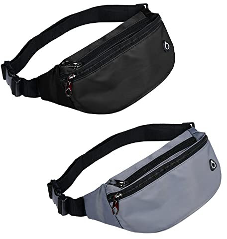 Bauchtasche für Herren und Damen, wasserdichte Sport-Hüfttasche, Gürteltasche für Reisen, Wandern, Laufen, Schwarz / Grau, Large