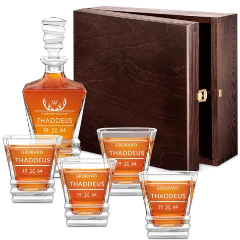 Maverton 800 ml Whisky Karaffe + 4 / 6er Whiskygläser Set mit Gravur - Whisky Dekanter aus Kristallglas - Whiskey Dekanter Set für Männer zum Geburtstag - zum Vatertag - Großvati