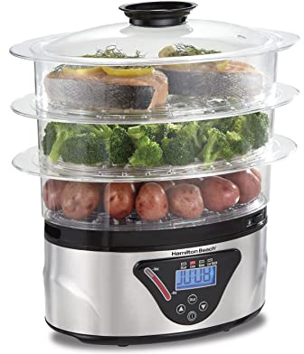 Hamilton Beach Digital Electric Food Steamer & Rice Cooker for Quick, Healthy Cooking with Stackable Three-Tier Bowls for Vegetables and Seafood, 8.25 Quart, Black & Stainless Steel