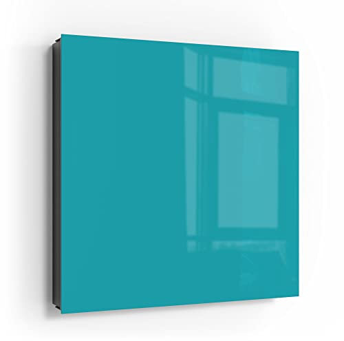 DEQORI Schlüsselkasten schwarz | 30x30 cm | Unifarben - Türkis | Glas & Metall Schlüssel-Box | Schlüsselschrank mit 50 Haken + 2 Magnete | Moderne Box magnetisch & beschreibbar