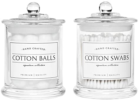 Volisnova 2 Pack Farmhouse Apothecary Jars with Lids - Glass Qtip Dispensers and Cotton Ball Holders for Bathroom Vanity Storage and Organization with 8 Pcs Wterproof Labels (Clear Glass)