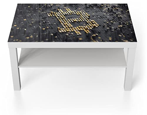 DEQORI Glastisch | weiß groß 90x50 cm | Motiv Bitcoin Währungszeichen | ausgefallener Beistelltisch aus Glas | Hochglanz Couchtisch fürs Wohnzimmer | moderner Couch Tisch mit Design