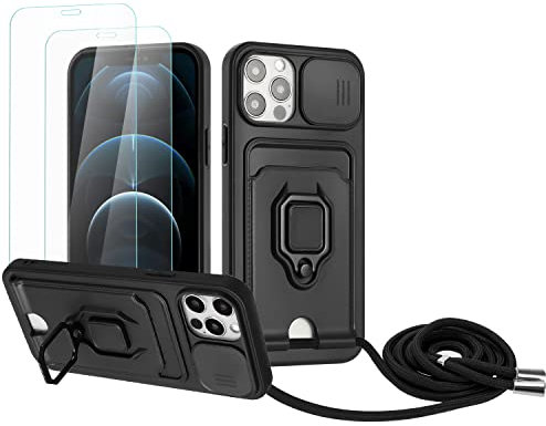 Zallagre Cover Compatibile con iPhone 12/iPhone 12 Pro,[2 Pack] Vetro Temperato,Protezione Fotocamera,360°Magnetica Anello Supporto,Slot Schede,Custodia con Cordino-Nero