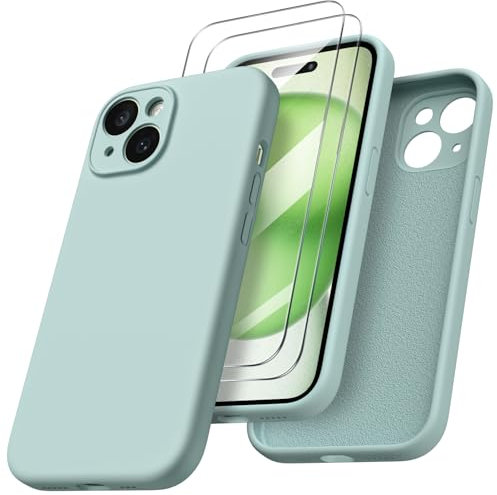 ORNARTO für iPhone 15 Hülle mit Kameraschutz und 2 Schutzfolien, flüssigem Silikon Handyhülle iPhone 15 6.1 Zoll mit Kamera Schutz, stoßfeste iPhone 15 Schutzhülle mit Mikrofaser - Agavengrün