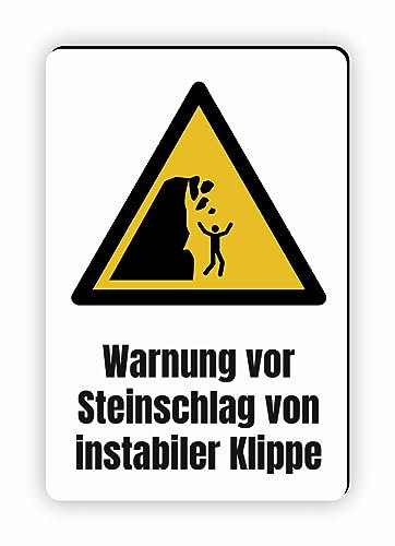 Warnzeichen (W053) Warnung vor Steinschlag von instabiler Klippe - Eckiges Warnschild mit Text - Warnschild mit Text - nach DIN EN ISO 7010