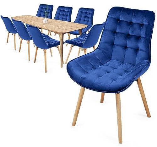 MIADOMODO® Esszimmerstühle - Farbwahl, 2/4/6/8 Set, Sitzfläche aus Samt, gepolstert, Beine aus Buchenholz, mit Rückenlehne - Polsterstuhl, Küchenstuhl, Retrostuhl, Wohnzimmerstuhl (Blau, 8er)