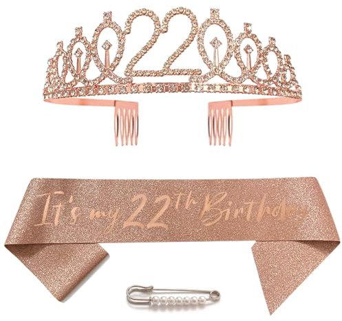 22. Geburtstag Schärpe Und Tiara, Krone 22 Roségold Kristall Geburtstagkrone Set,Rose Gold Geburtstagskrone Schärpe Deko Birthday Crown für Mädchen Frauen Birthday Party Accessoires