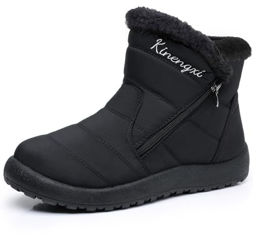 Womens Boots Winter Warm Snow Booties Ladies Fur Lined Slip On Zipper Shoes Water-Resistant Outdoor, Black, 6 UK, 40 EU