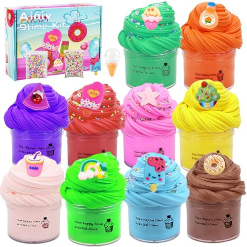 Ainiv Mini Slime Fluffy Kit pour Enfants, 10 Pièces Butter Slime avec Breloques, Cotillons Parfumés, Jouet de Mastic Anti-Stress de Bricolage pour Filles et Garçons