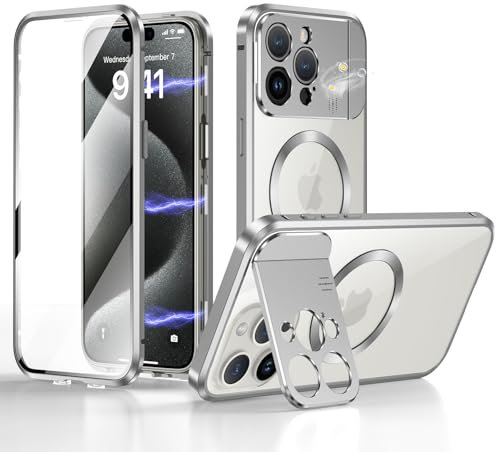 ksscaly Case for iPhone 15 Pro Max with Camera Invisible Stand [Compatible with MagSafe] 360 Degree Protection Magnetic Absorption Metal Bumper Front Glass and Back PC Cover (Silver)