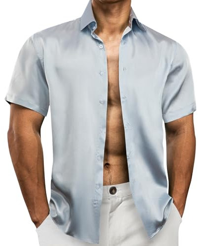 Barry.Wang Mens Short Sleeve Shirt Solid Silky Casual Button Summer Wedding Party Lightweight Dress Shirt Blue S-3XL
